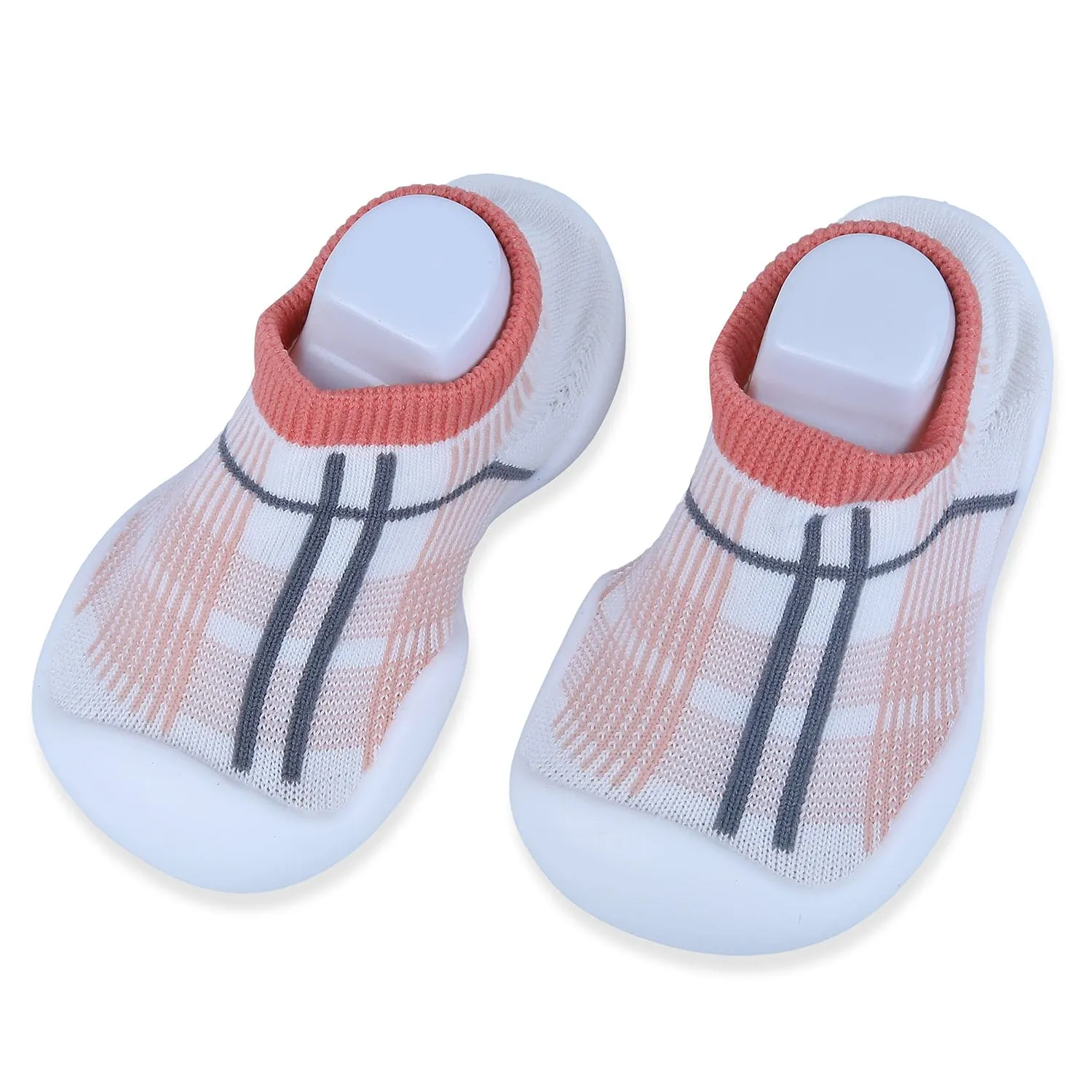 Baby Moo Checked Rubber Comfortable Sole Slip-On Sock Shoes - Peach