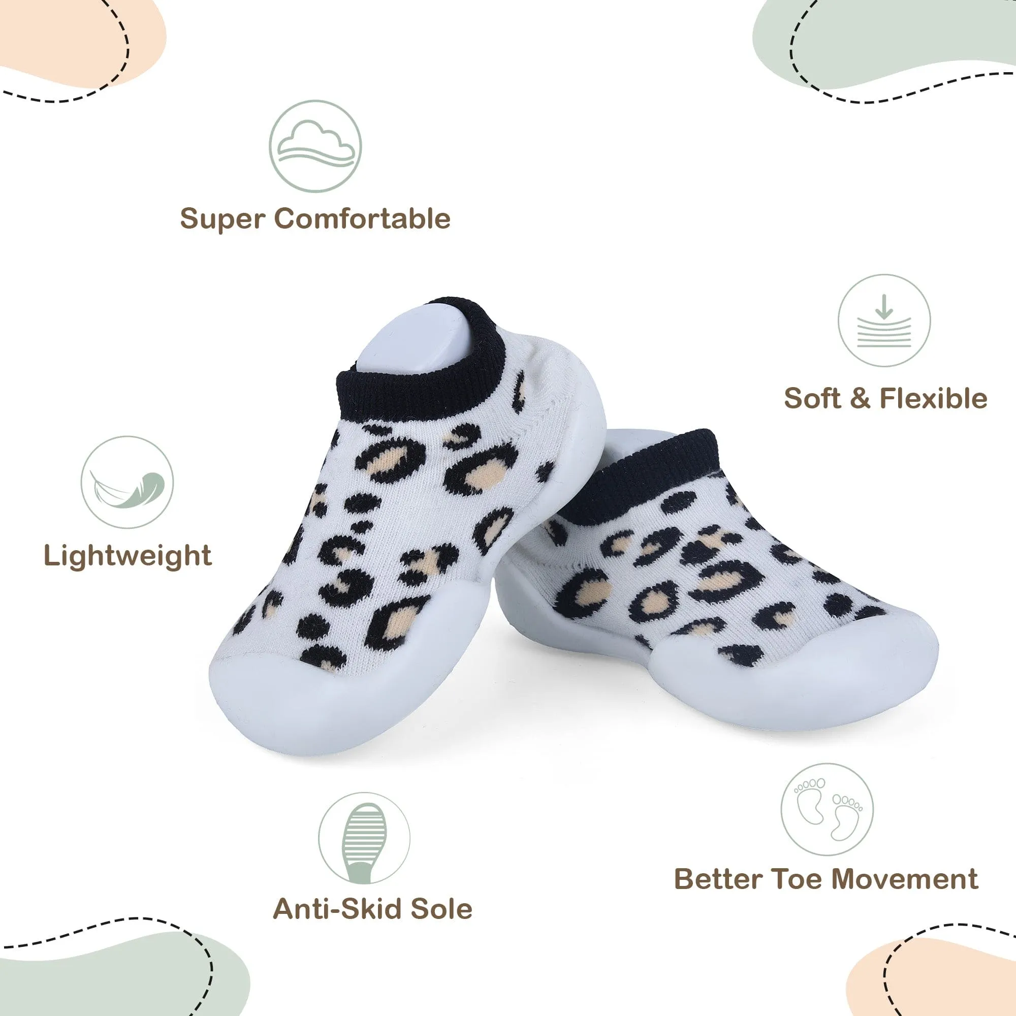 Baby Moo Leopard Print Rubber Comfortable Sole Slip-On Sock Shoes - White