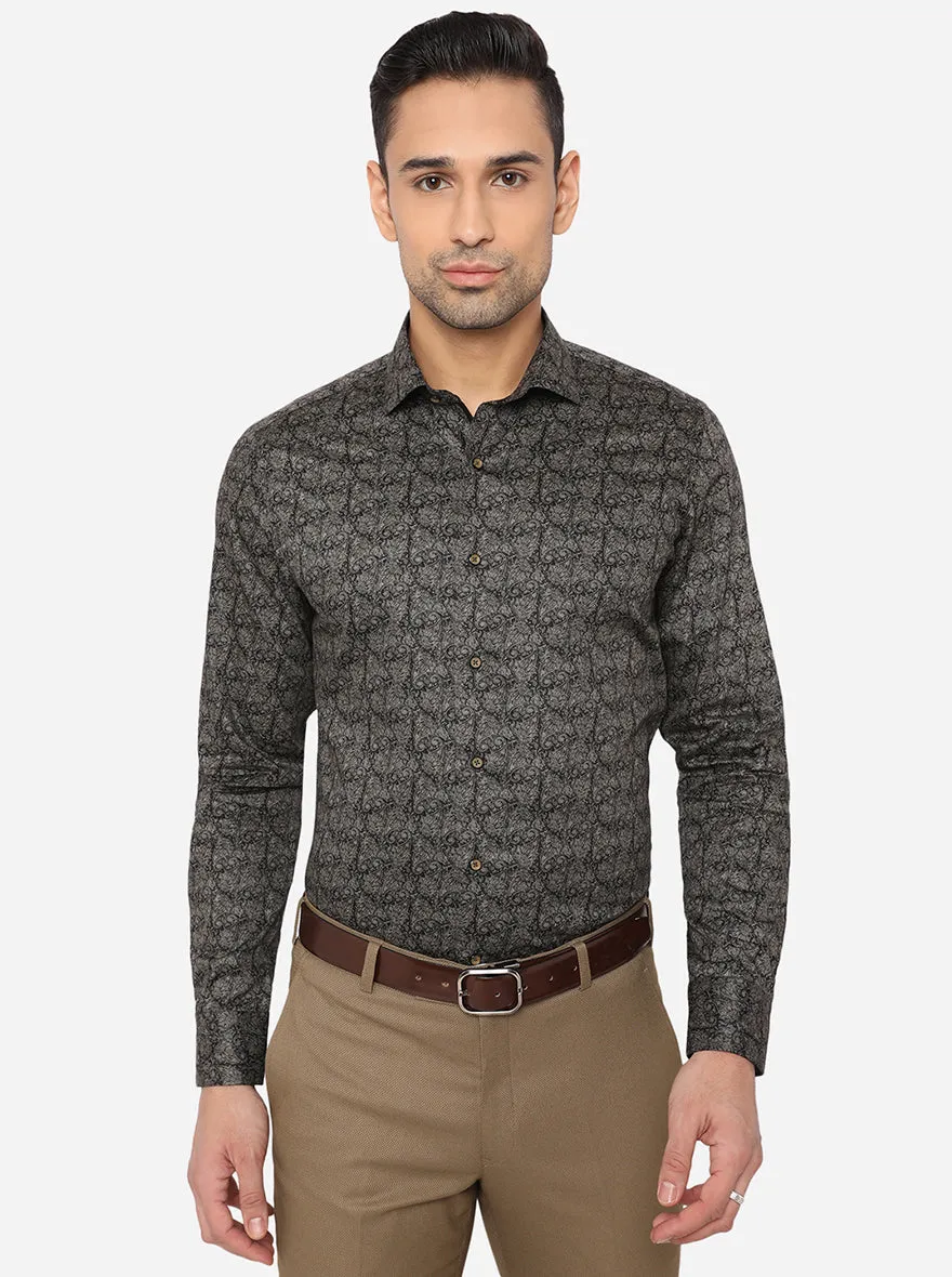 Black & Grey Printed Slim Fit Party Wear Shirt | JB Studio