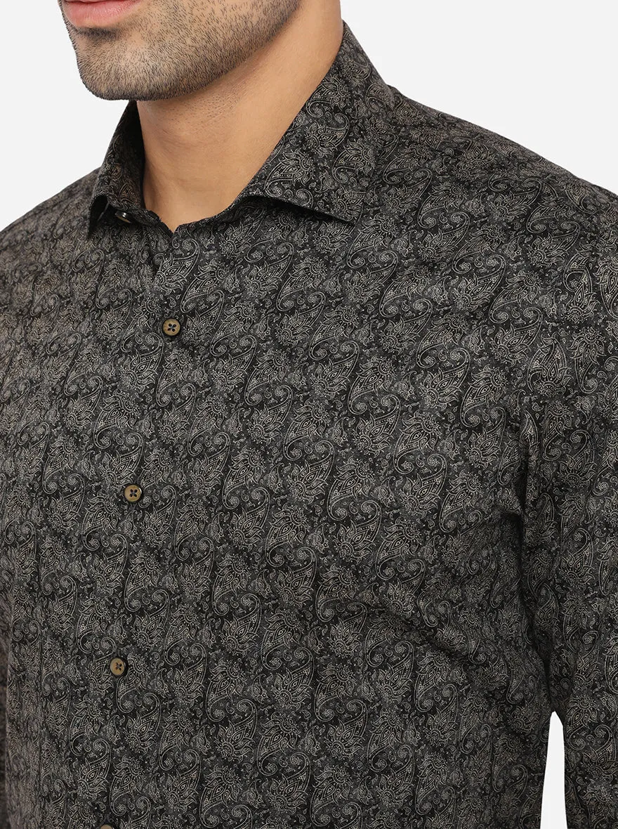 Black & Grey Printed Slim Fit Party Wear Shirt | JB Studio