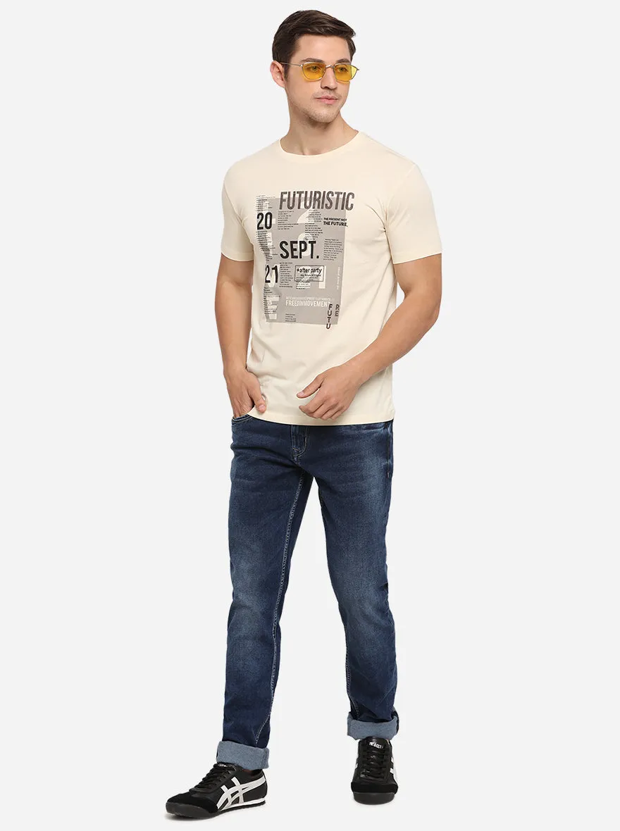 Cream Printed Slim Fit T-Shirt | JadeBlue