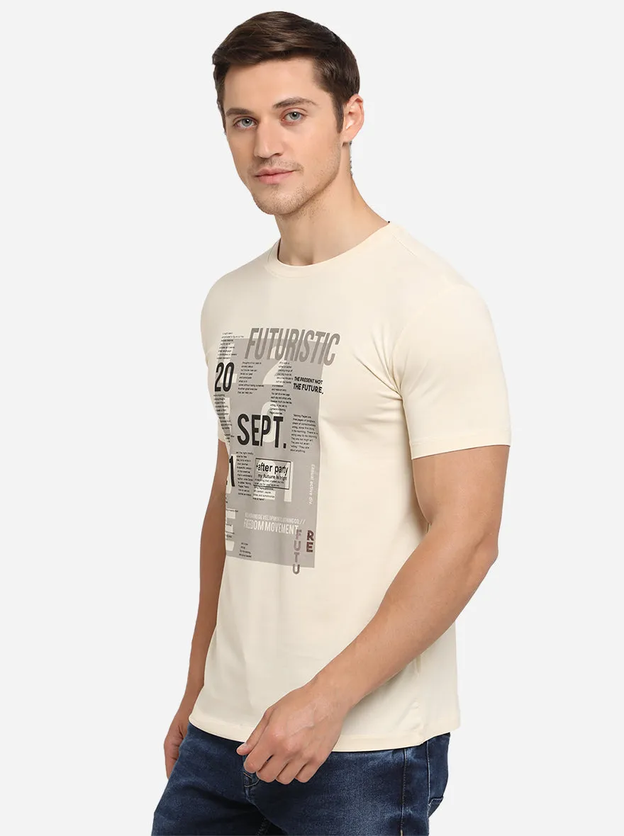 Cream Printed Slim Fit T-Shirt | JadeBlue