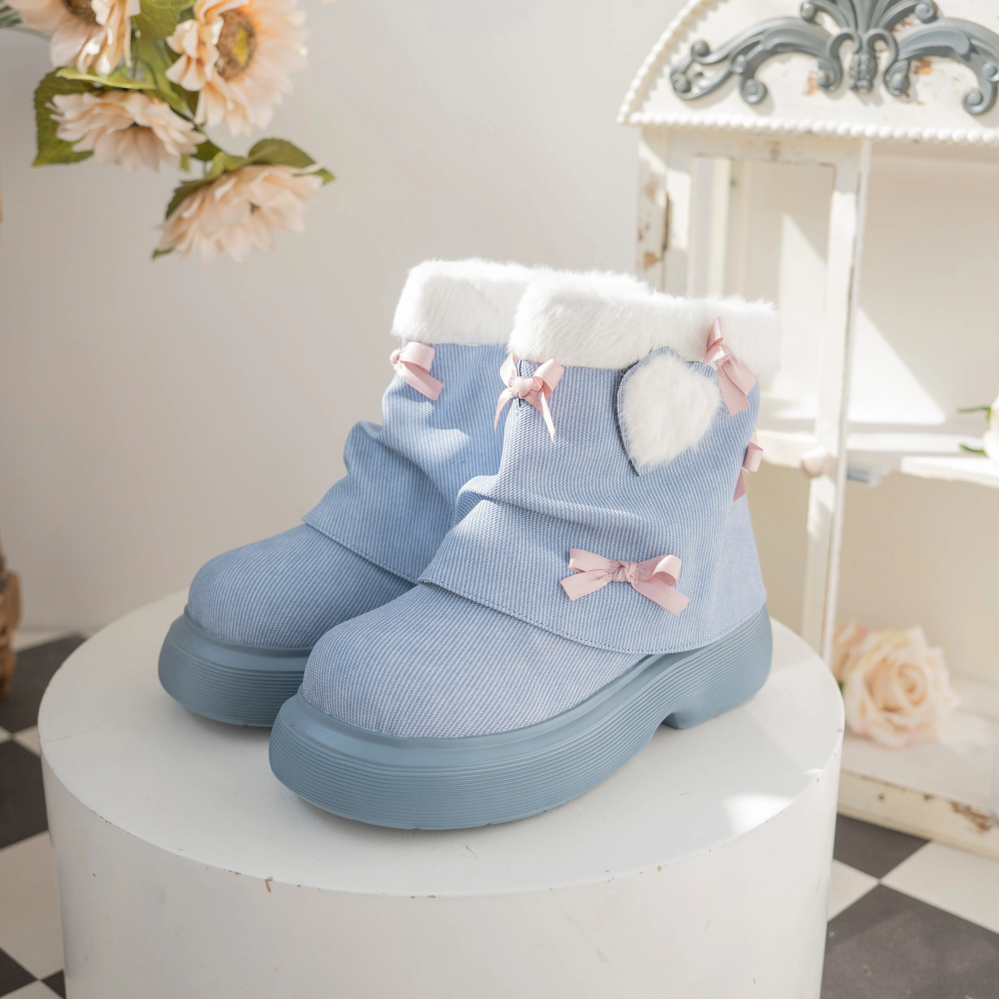 Dolly Doll Coquette Bow Pink Blue Gray Lolita Shoes Winter Snow Boots