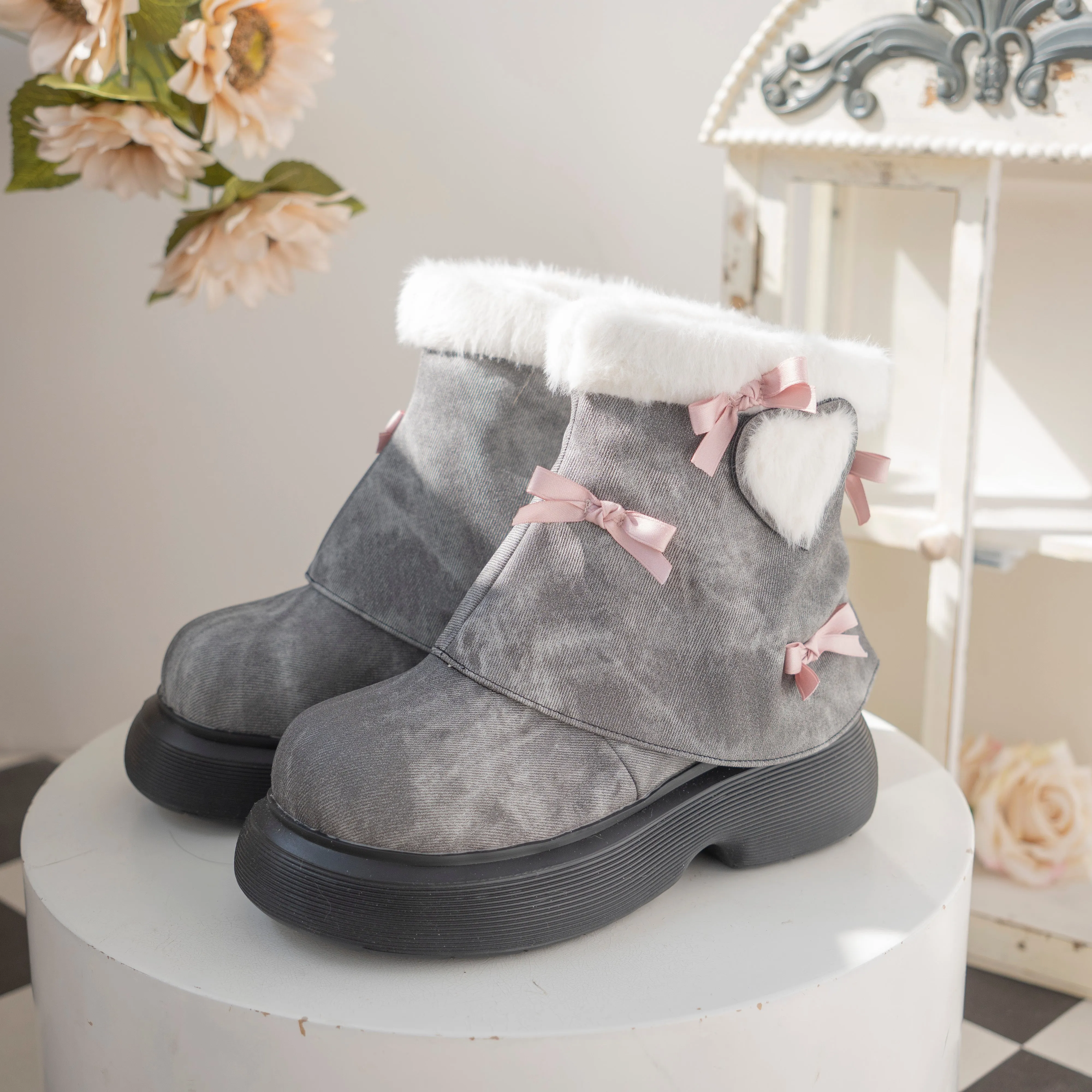 Dolly Doll Coquette Bow Pink Blue Gray Lolita Shoes Winter Snow Boots