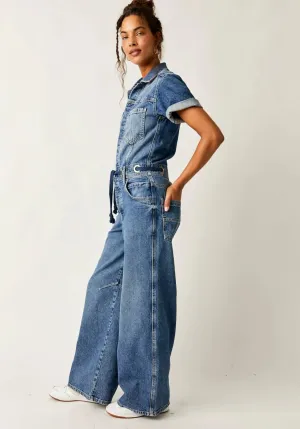 FREE PEOPLE EDISON WIDELEG COVERALL / CERULEAN SKIES