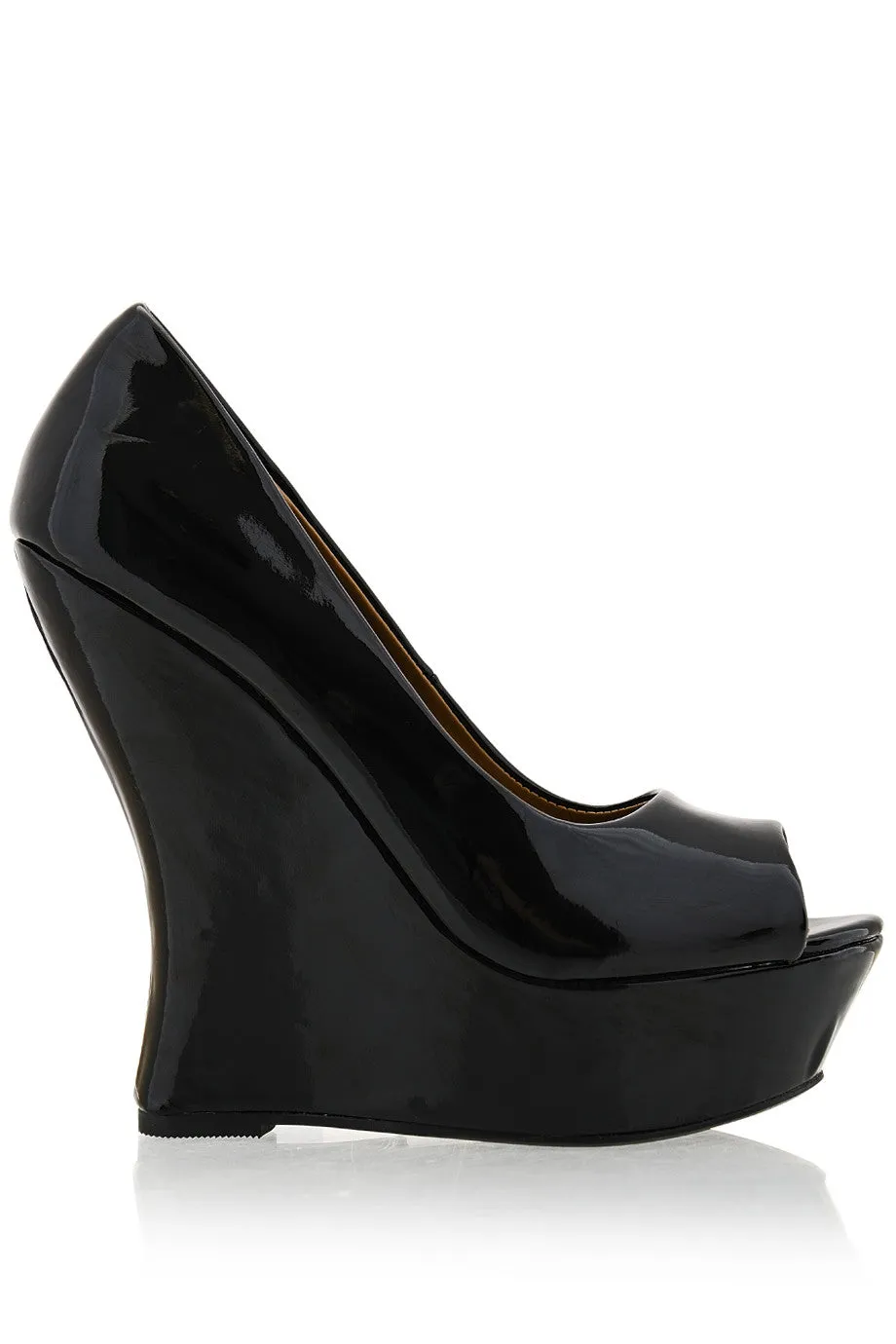 MELLIE Black Patent Peep Toe Wedges