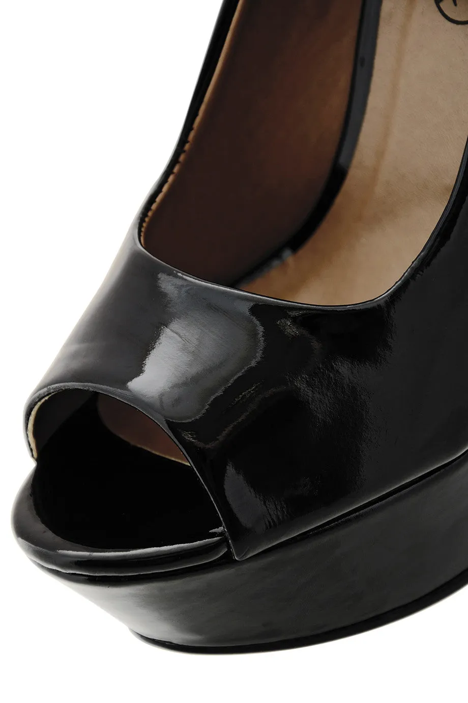 MELLIE Black Patent Peep Toe Wedges