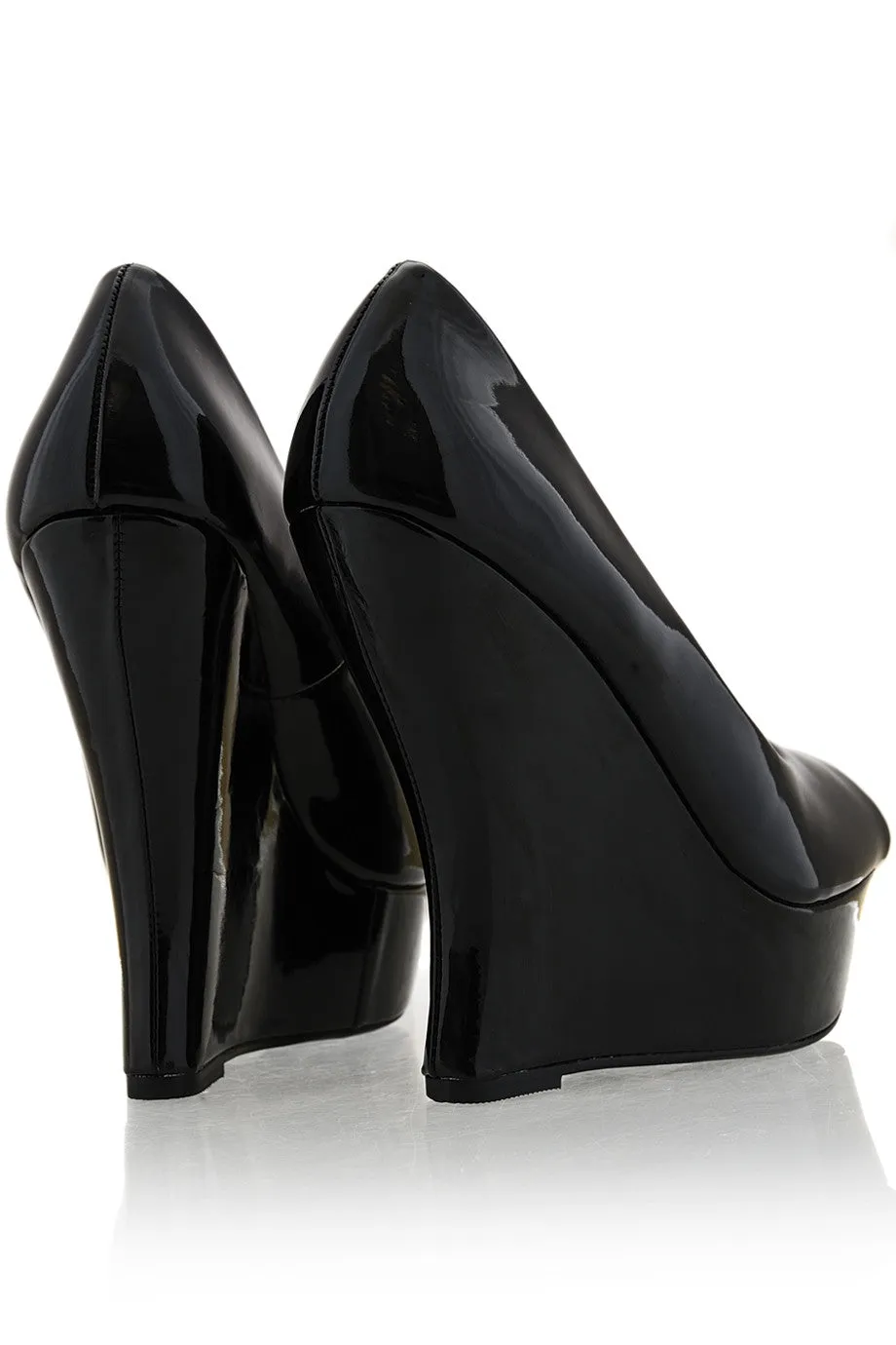 MELLIE Black Patent Peep Toe Wedges