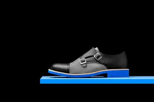 Mens Black & Blue Leather Double Monk Strap Dress Shoes