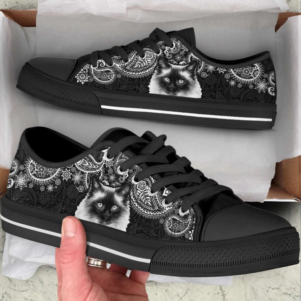 Ragdoll Cat Lover Shoes Paisley Black White Low Top Canvas Shoes, Cat Canvas Shoes