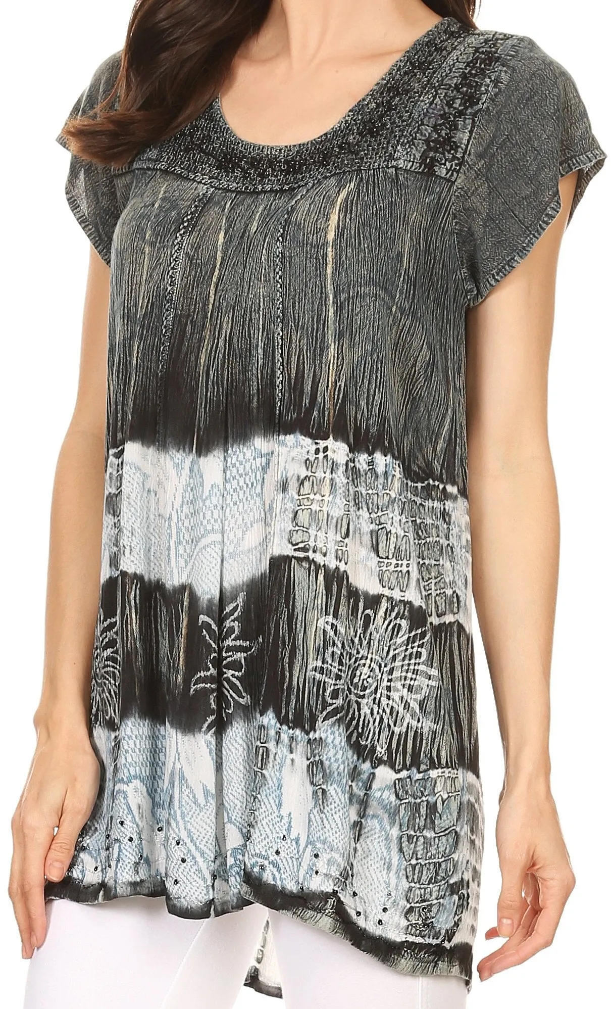 Sakkas Layleka Long Tie Dye Ombre Batik Embroidered Sequin Beaded Shirt Blouse Top