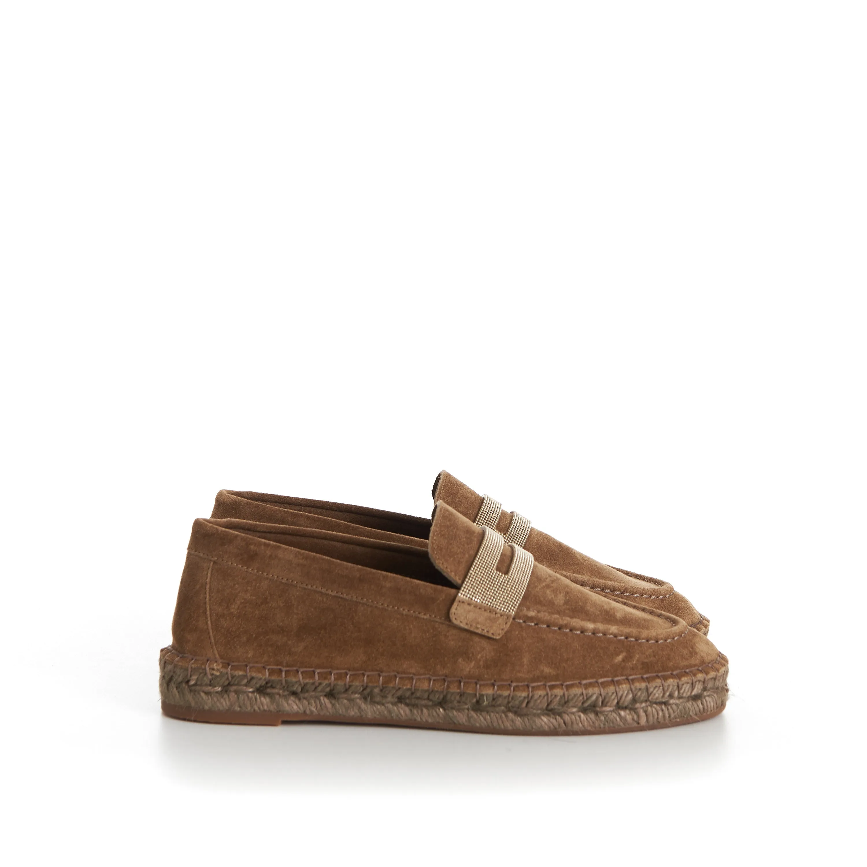 Suede Brown Espadrilles - Monili Chain Embroidery