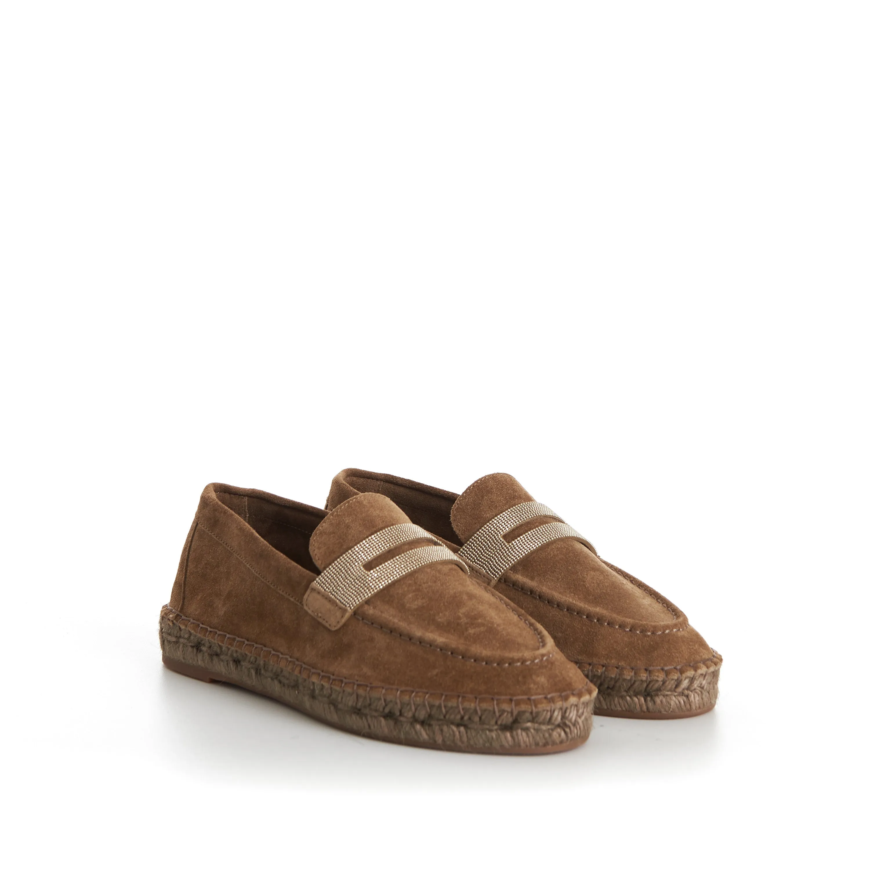 Suede Brown Espadrilles - Monili Chain Embroidery