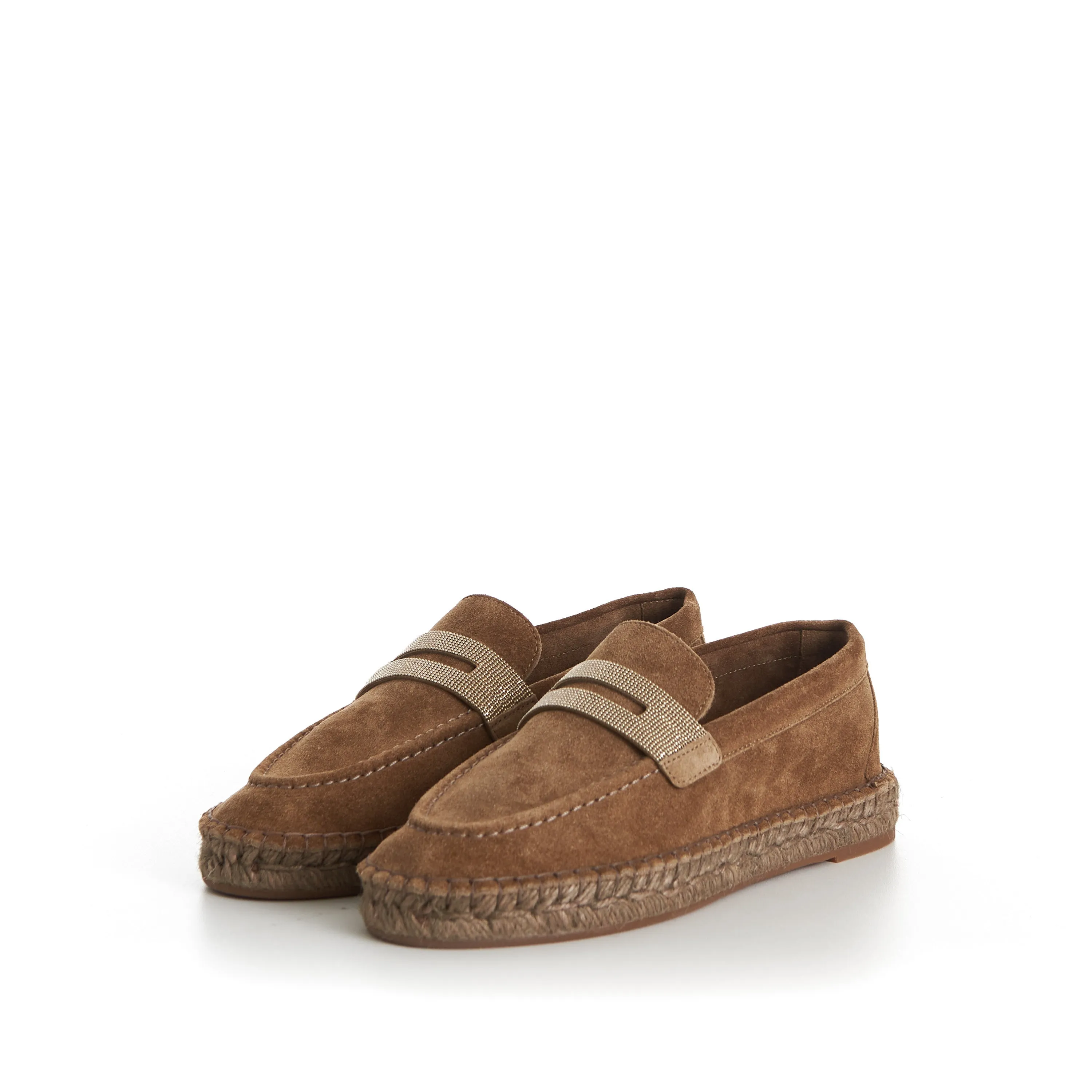 Suede Brown Espadrilles - Monili Chain Embroidery