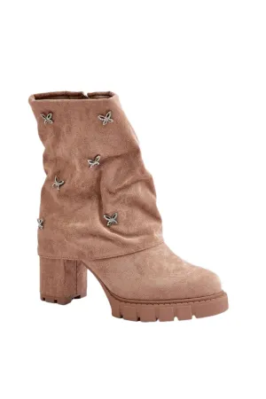 TEEK - Suede Cuff Dotted Rhinestone Heel Boots